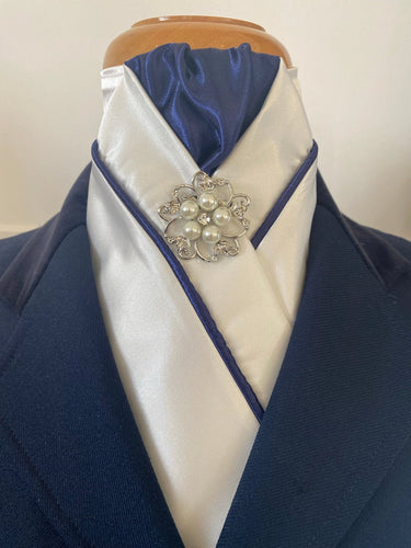 HHD Cream Satin Stock Tie Navy Blue with Piping