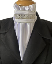 HHD White Satin Euro Stock Tie Nancy in Silver with Pearls and Rhinestones