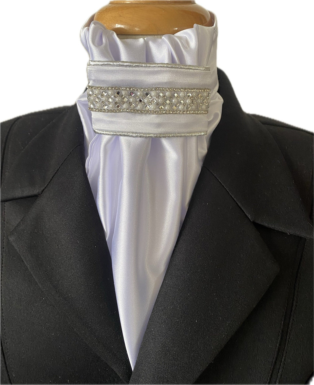 HHD White Satin Euro Stock Tie Nancy in Silver with Pearls and Rhinestones