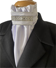HHD White Satin Euro Stock Tie Nancy in Silver with Pearls and Rhinestones