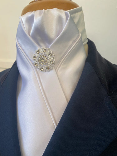 HHD ‘Sari’ White Satin Custom Dressage Stock Tie Silvertone Stock Pin