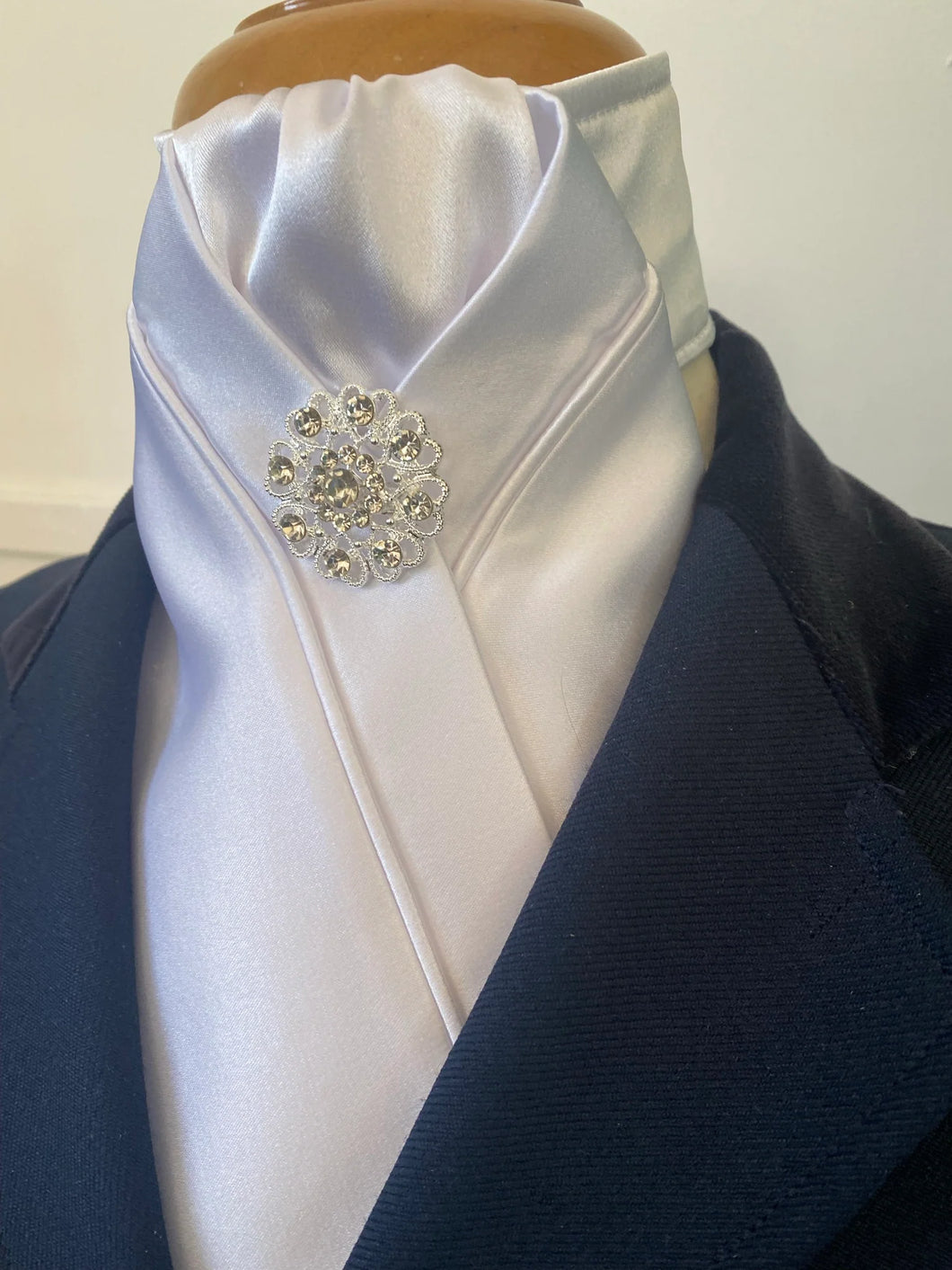 HHD ‘Sari’ White Satin Custom Dressage Stock Tie Silvertone Stock Pin