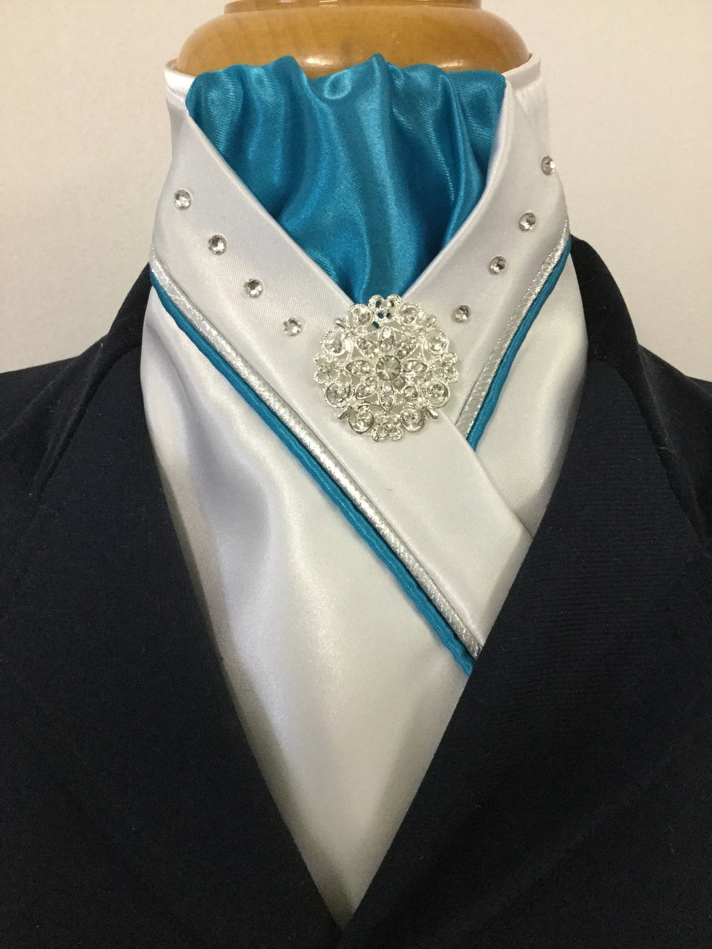 HHD White Satin Stock Tie Double Piping Silver & Swarovski Elements