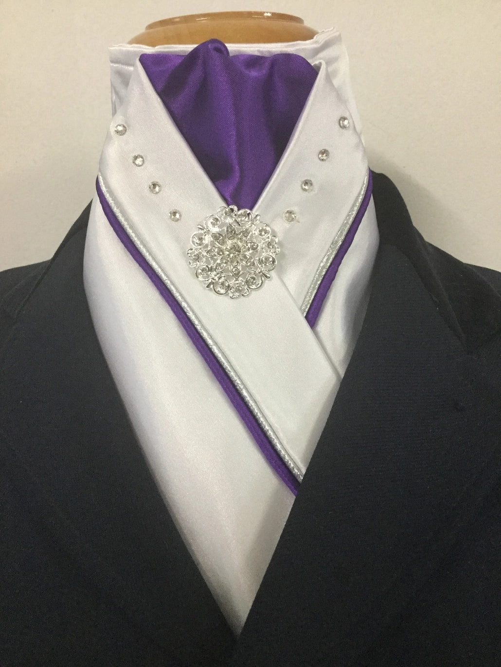 HHD White Satin Stock Tie Double Piping Silver & Swarovski Elements
